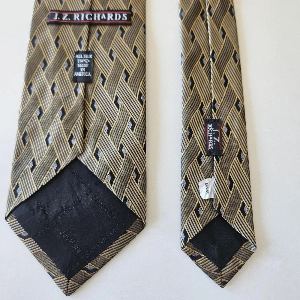 J.Z. Richards Mens 100% Silk Tie Black Gold Geometric Designer Made USA